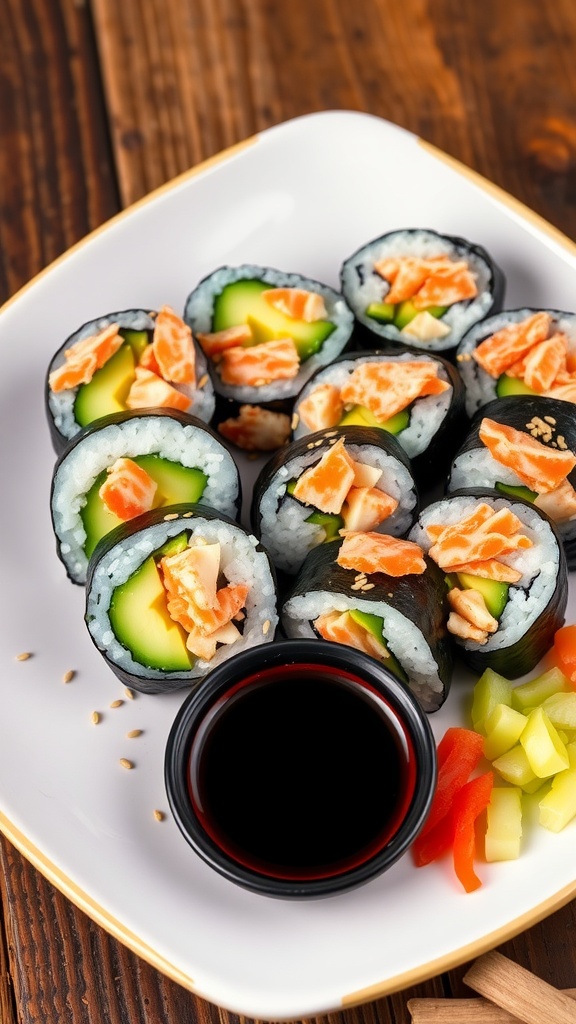 Homemade California sushi rolls with avocado, cucumber, and crab on a plate with soy sauce, pickled ginger, and wasabi.